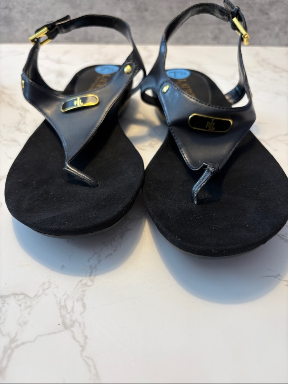 Lauren Ralph Lauren NWT Black T-Strap Sandals with Gold Accent size 7.5 Kacy - Picture 6 of 8